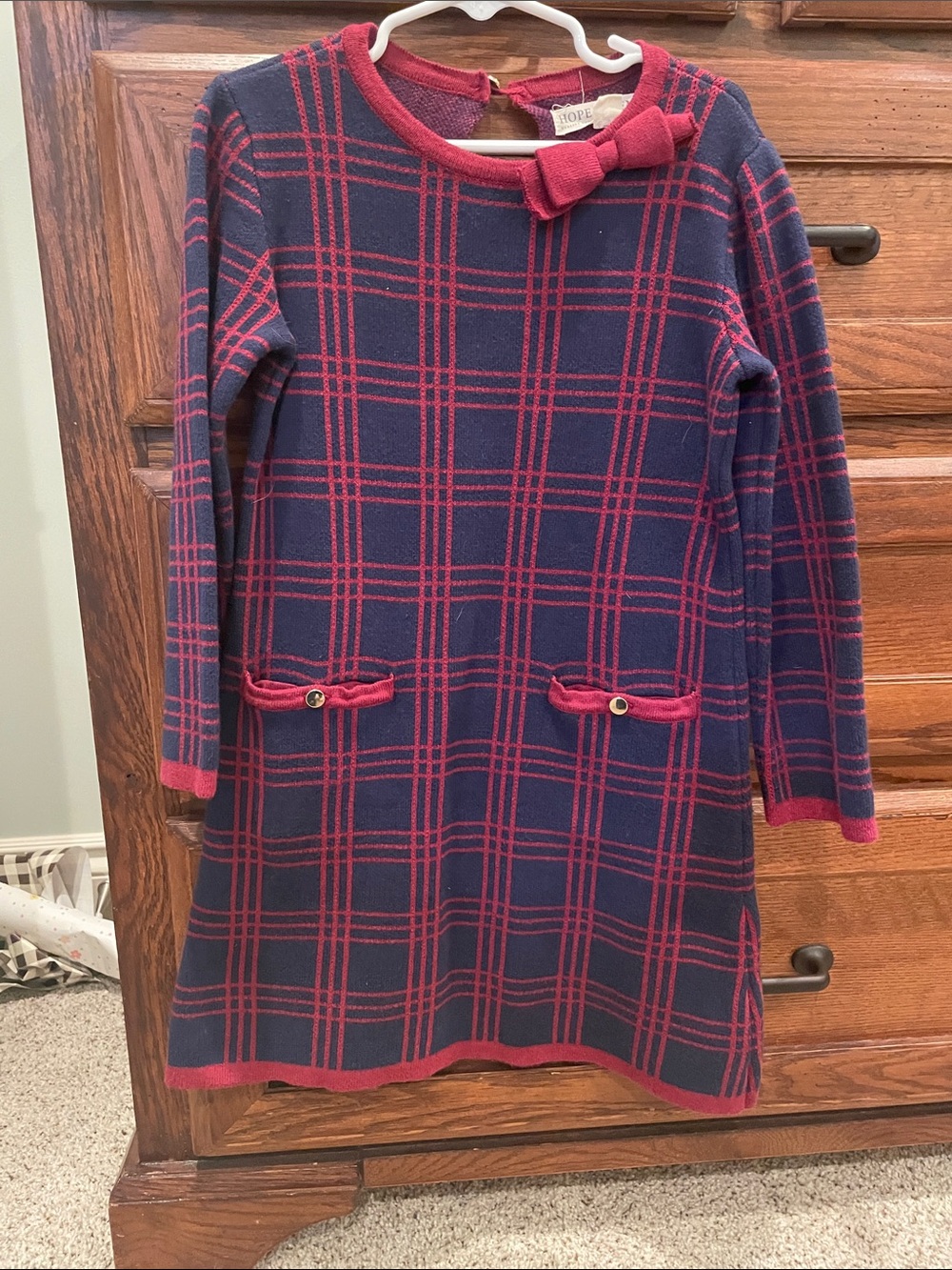 Hope & Henry Girls Navy and Red Plaid Knit Dress with Bow